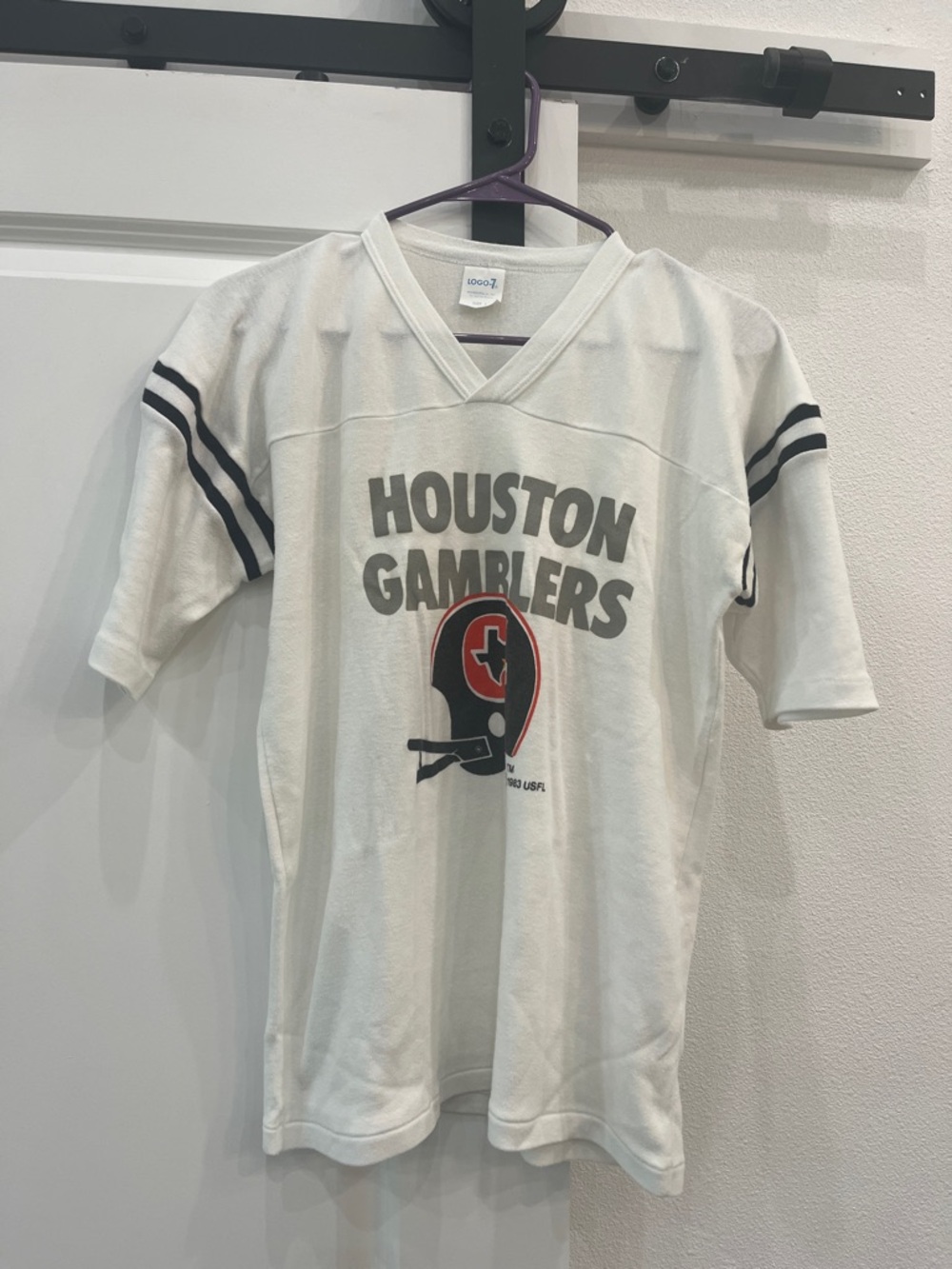 Vintage LOGO 7 White Houston Gamblers Graphic Football Jersey with Black Accents